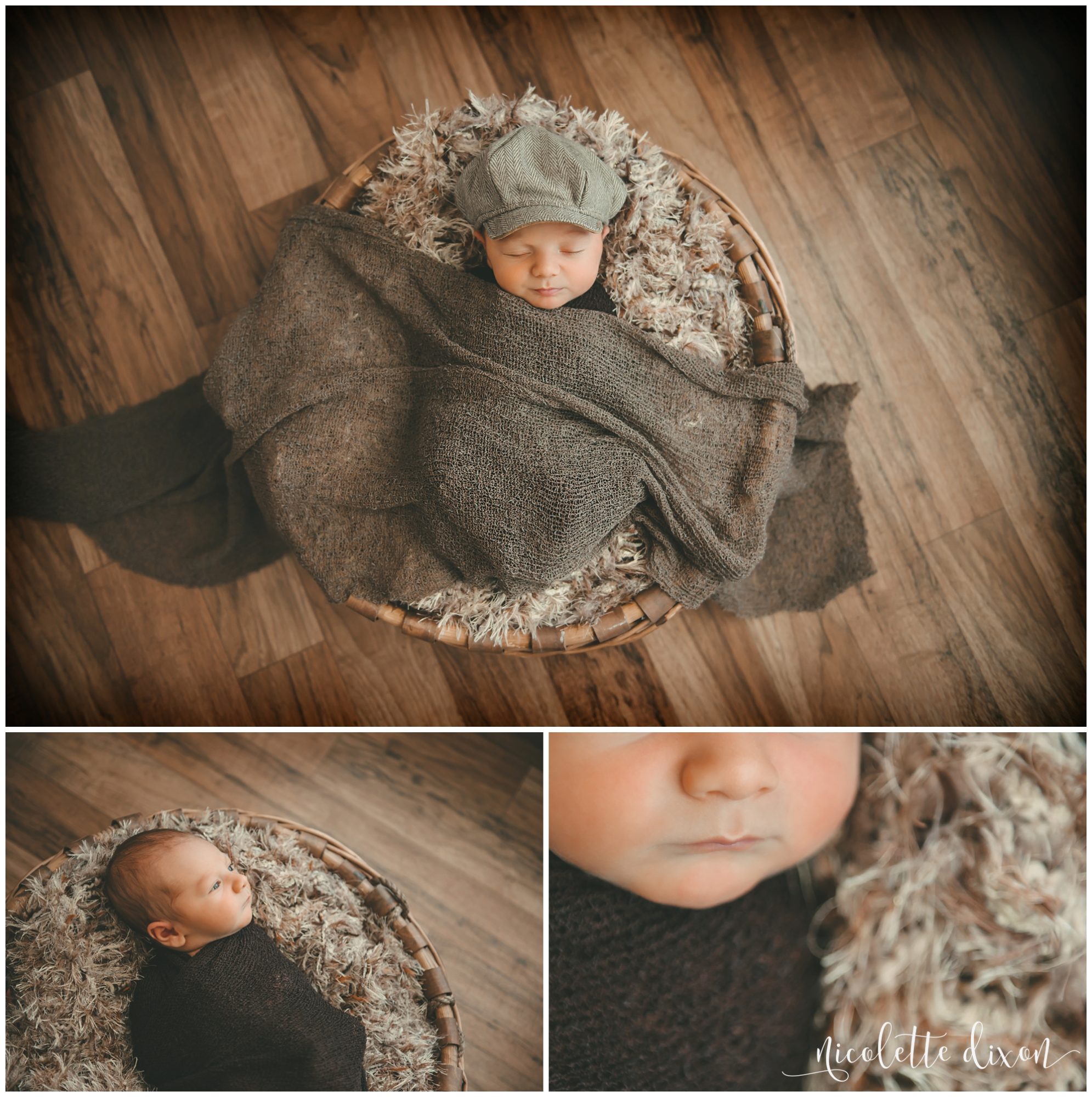 Newborn baby boy laying in basket wearing hat in studio in Moon Township near PIttsburgh