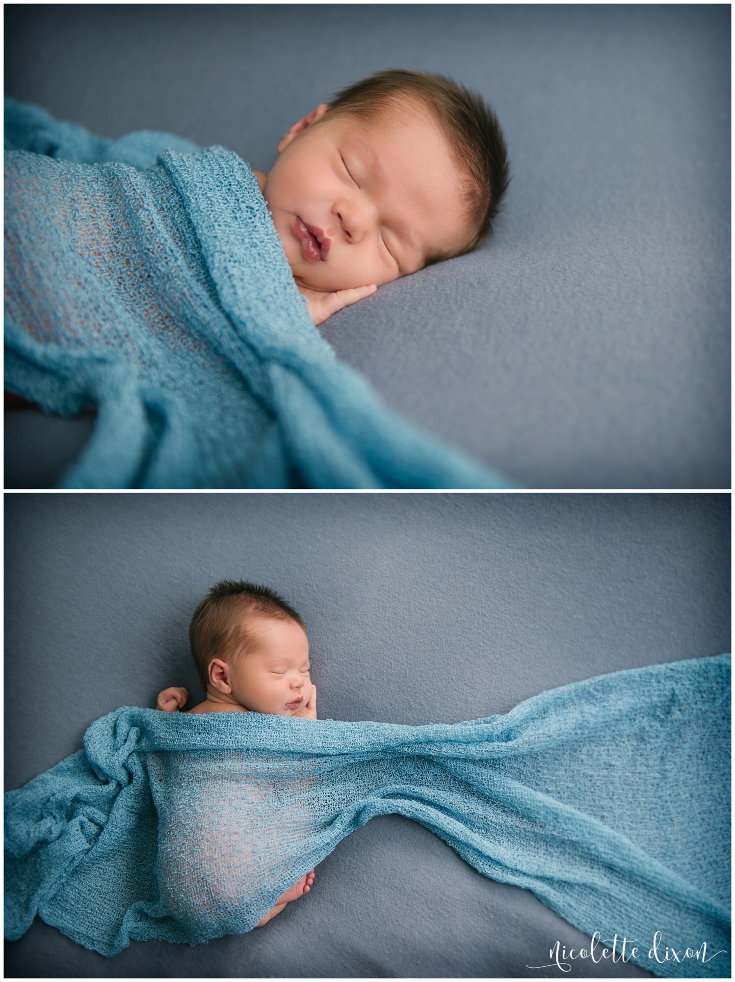 Infant baby boy laying on blue blanket with blue blanket on top at photography studio in Moon Township near Pittsburgh