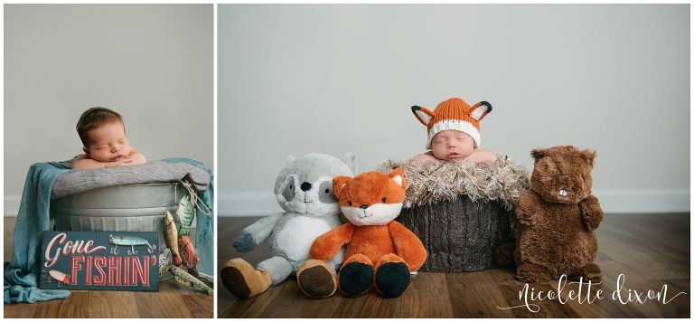 Infant baby boy wearing fox hat at photography studio in Moon Township near Pittsburgh