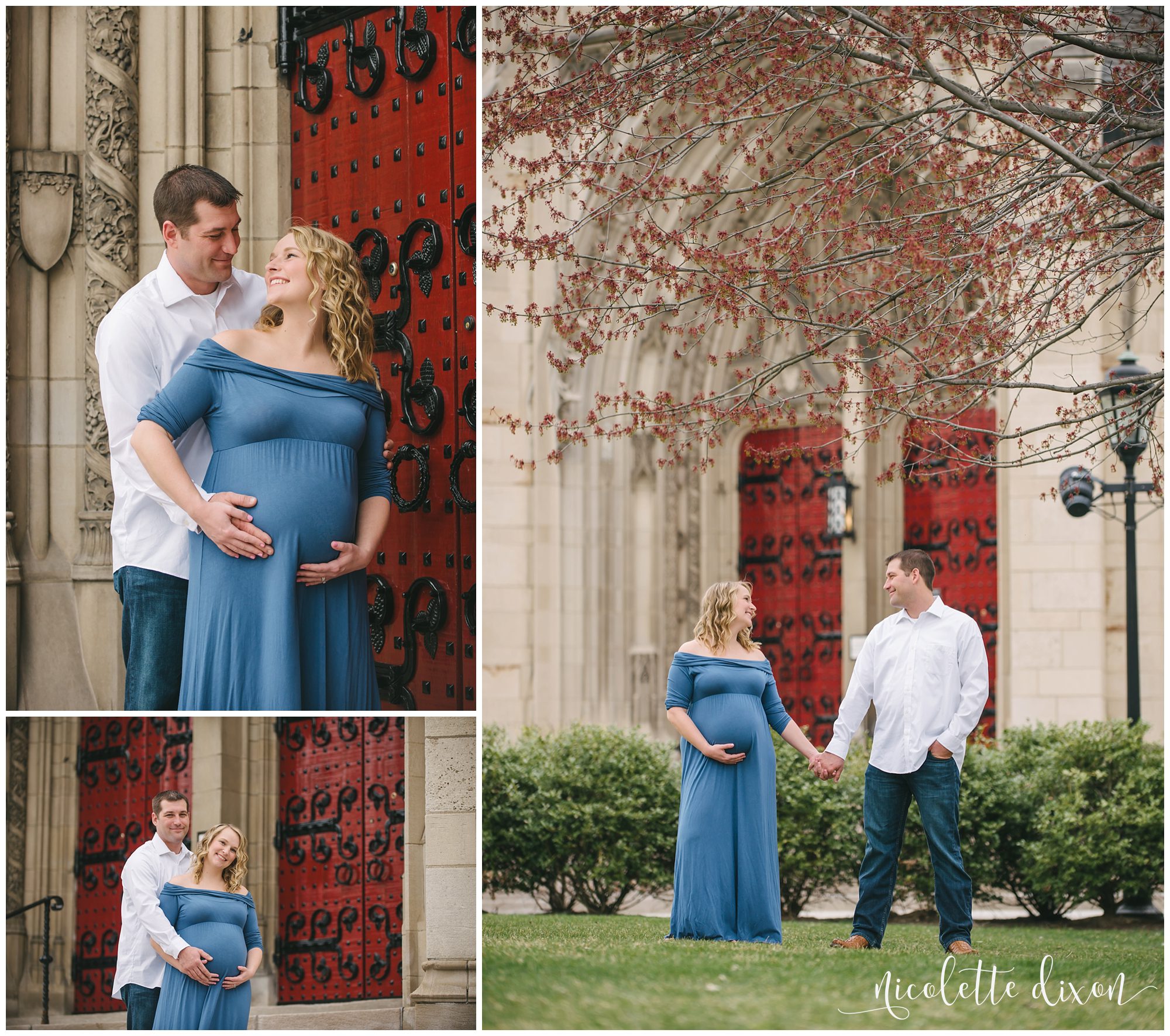 Husband and pregnant wife looking at each other in front of Heniz Chapel at the University of Pittsburgh near Pittsburgh