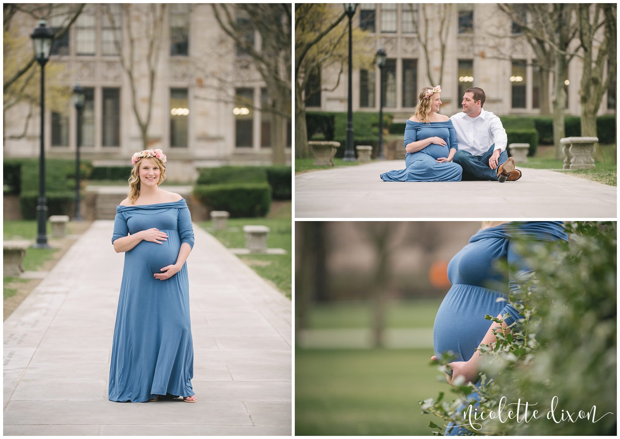 Pregnant woman standing on sidewalk in front of the Cathedral of Learning at the University of Pittsburgh near Pittsburgh