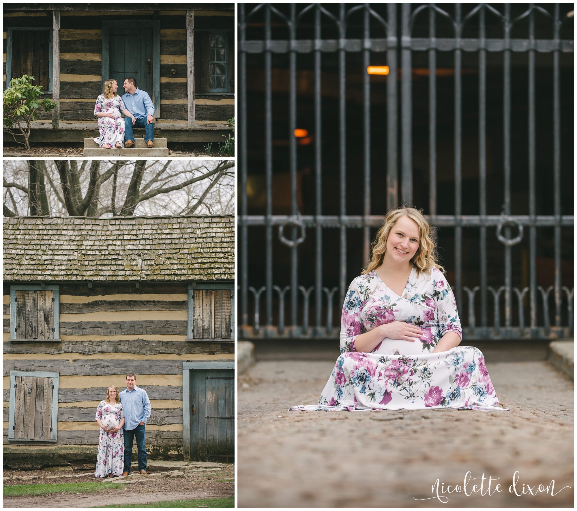 Pregnant woman sitting in front of wrought iron gate at the Cathedral of Learning at the University of Pittsburgh near Pittsburgh