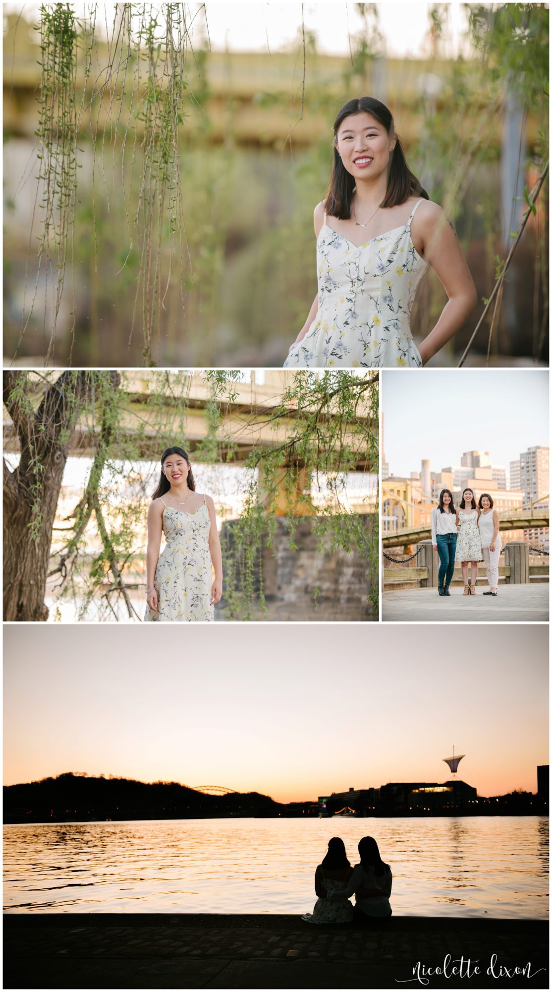 College senior girl standing in front of willow tree in downtown Pittsburgh