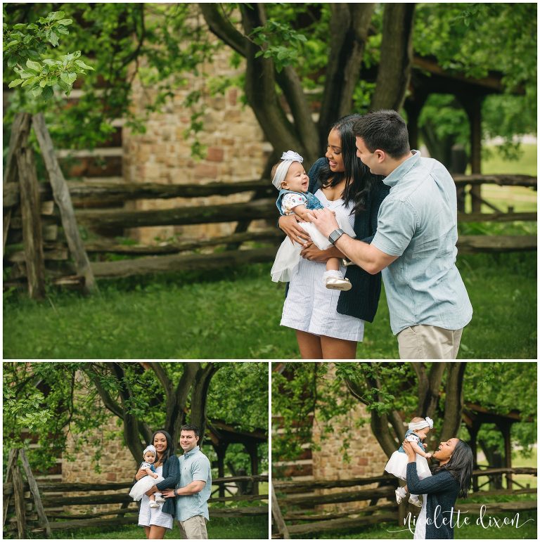 Baby laughing at mom and dad at Oliver Miller Homestead in South Park near Pittsburgh