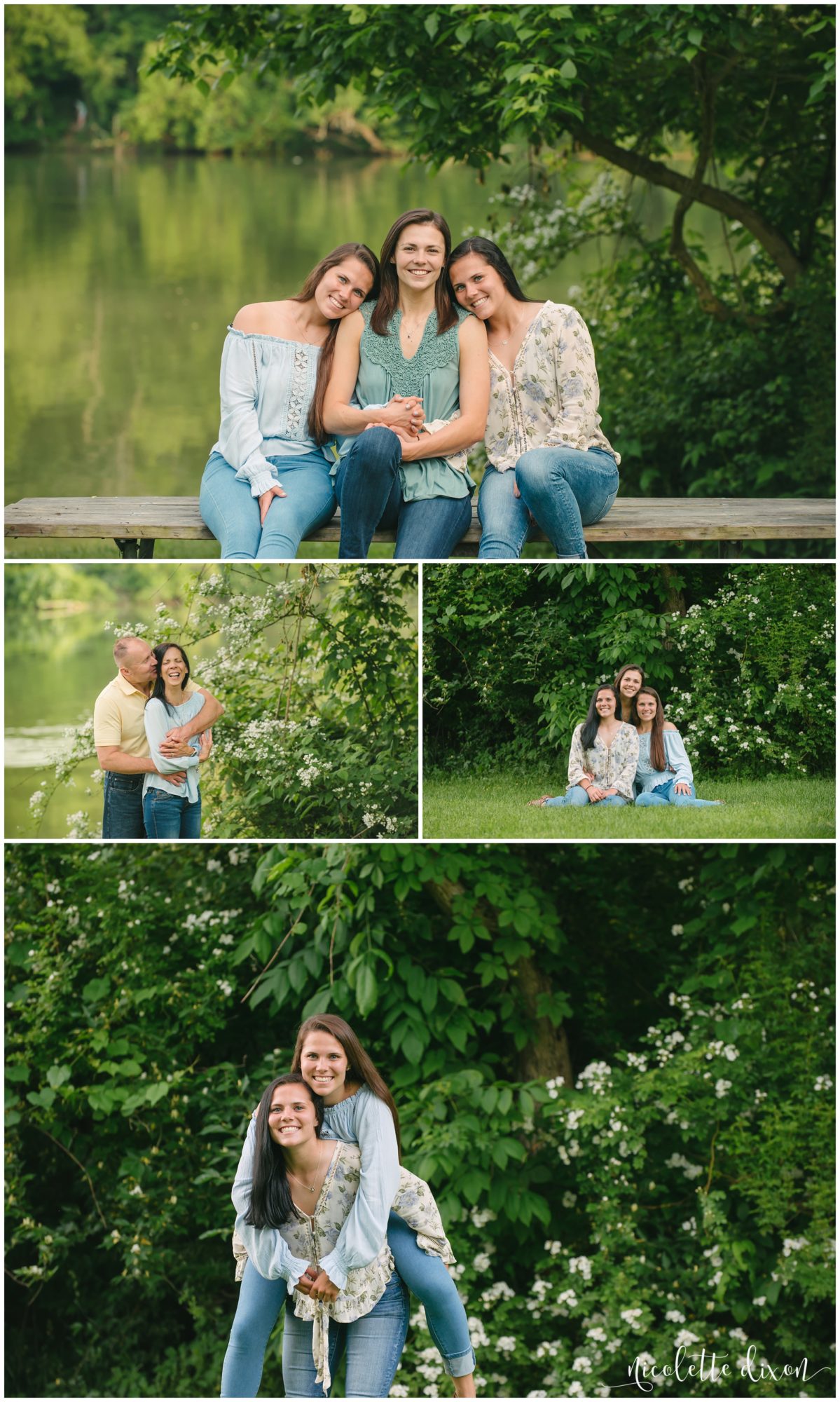 Sisters sitting together on picnic table at Peters Lake Park near Pittsburgh