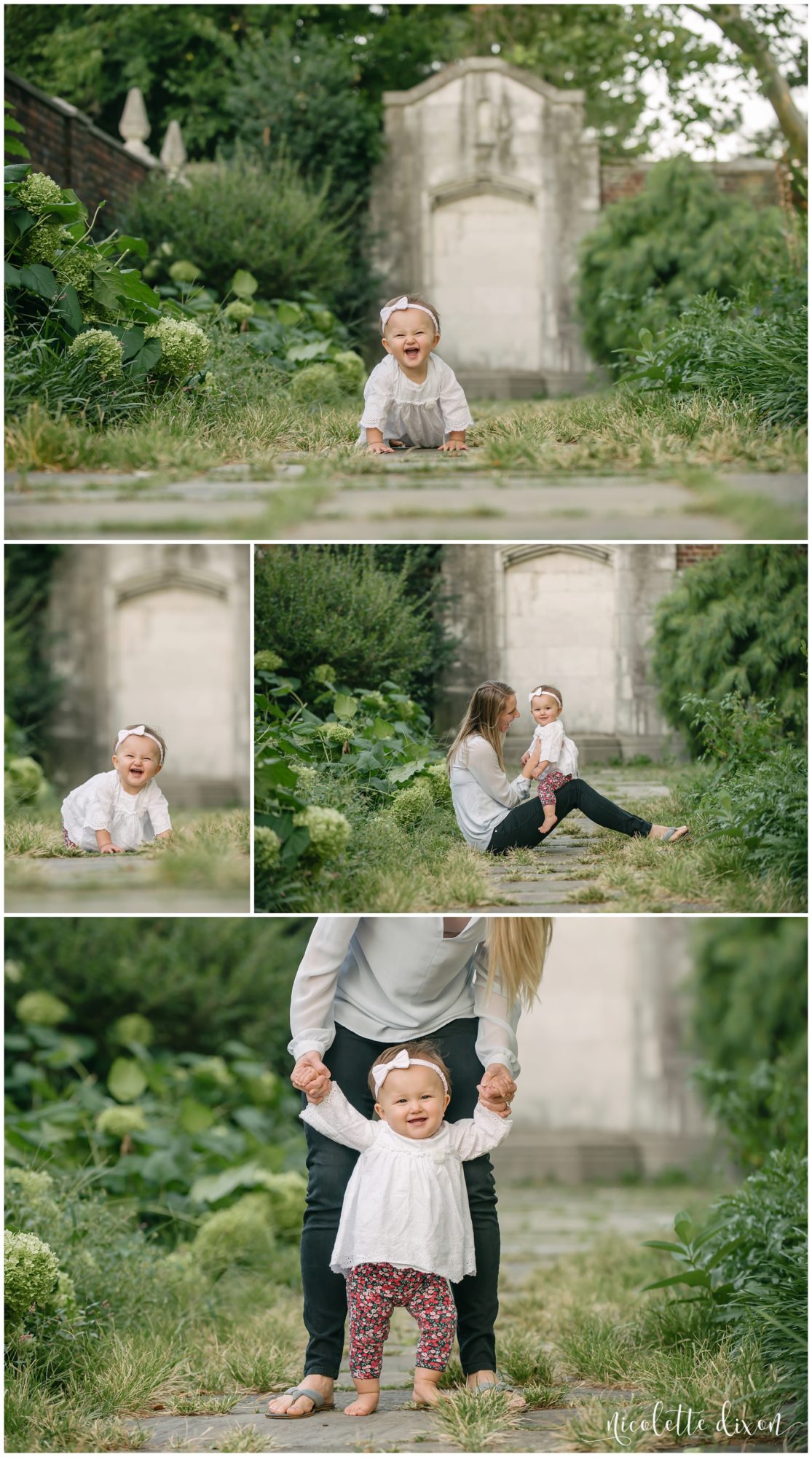 Mom and One Year Old Baby Girl on Path at Mellon Park near Pittsburgh
