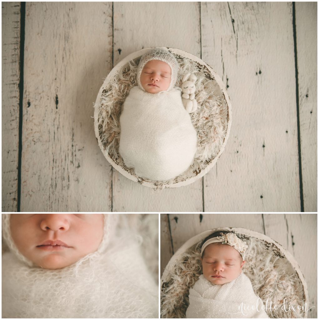 Newborn Baby Girl in a Cream Bowl in Studio in Moon Township near Pittsburgh