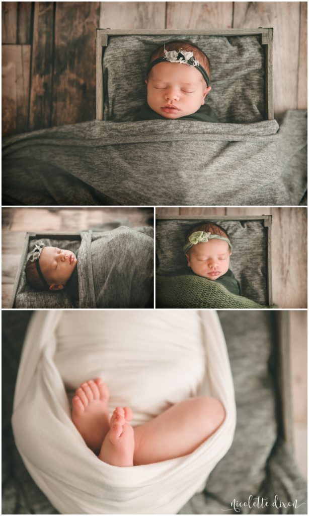 Newborn Baby Girl under Gray Blanket in Studio in Moon Township near Pittsburgh