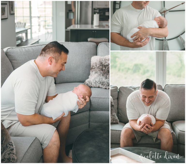 Picture of dad holding newborn baby boy in home in South Fayette near Pittsburgh