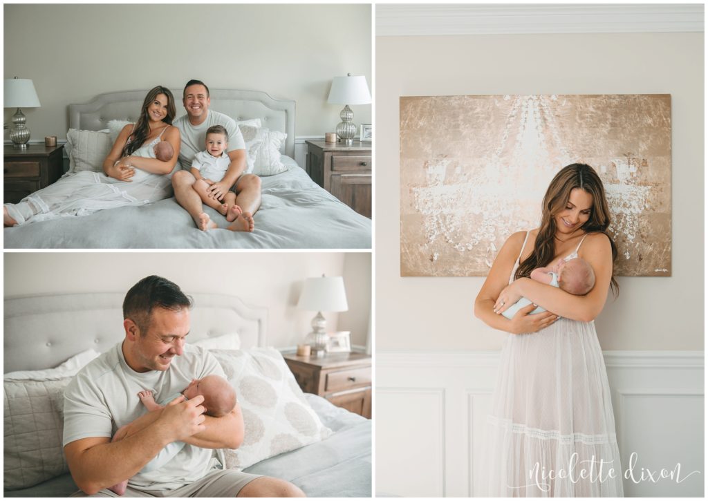 Picture of mom smiling at newborn baby boy in home in South Fayette near Pittsburgh