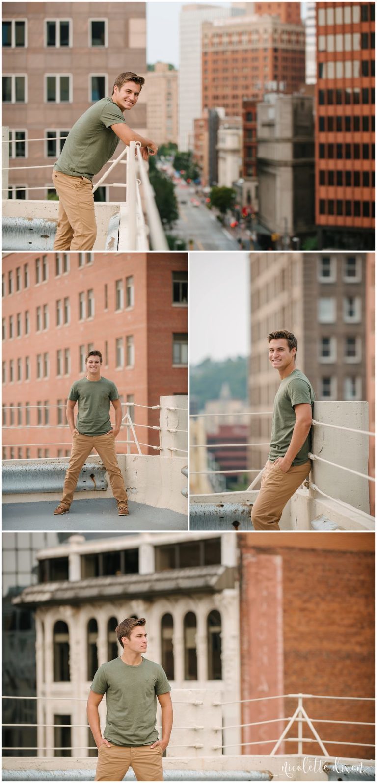 Senior boy standing on roof in downtown Pittsburgh PA