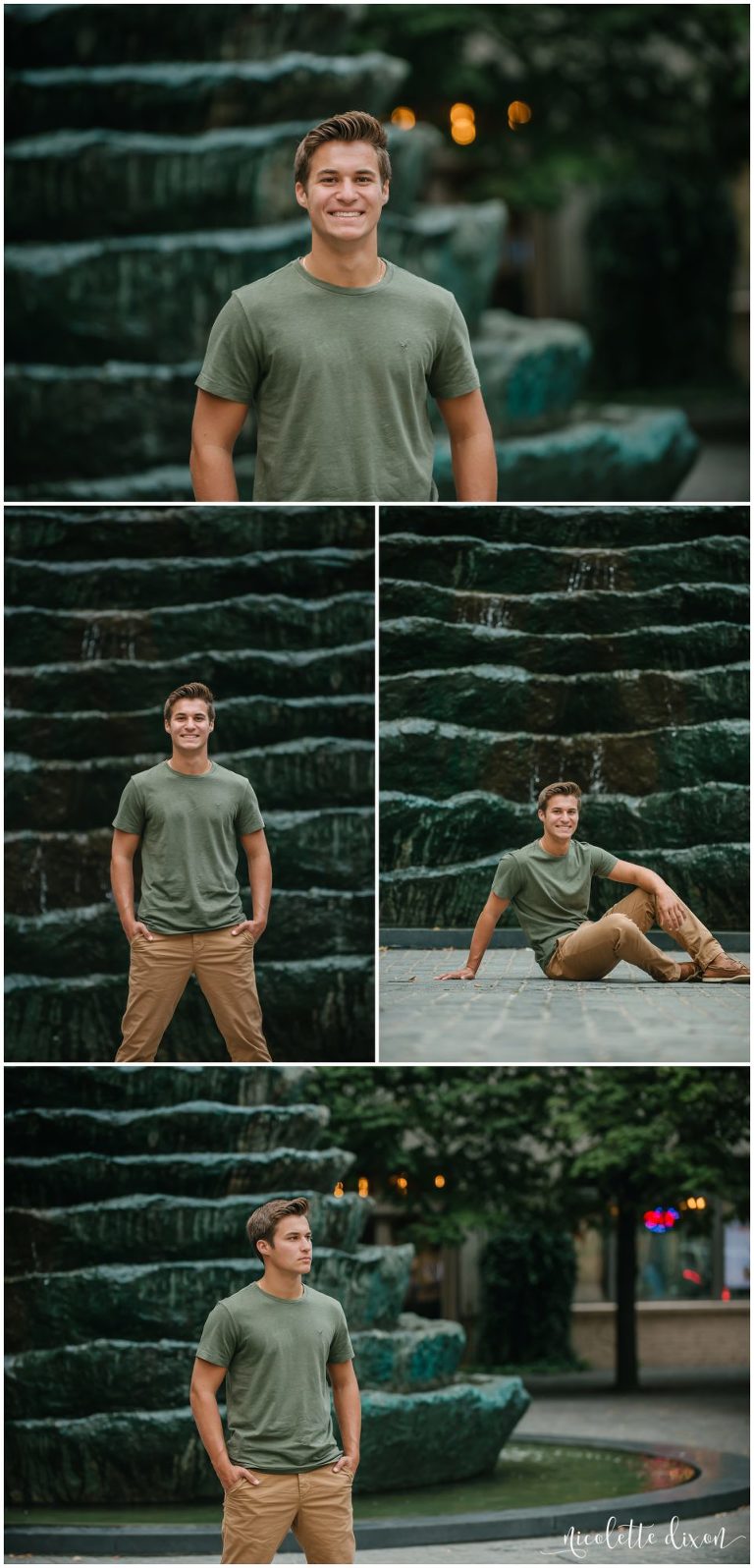 Senior boy standing in front of fountain in downtown Pittsburgh PA