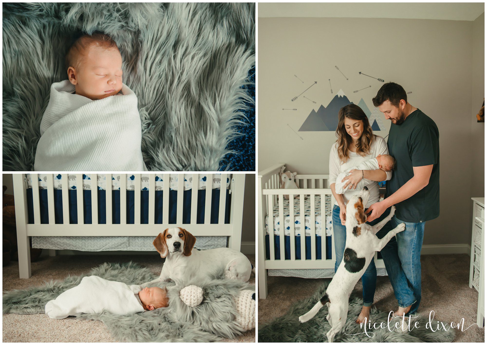 Newborn baby in nursery with parents and pet dog in Cranberry Township near Pittsburgh