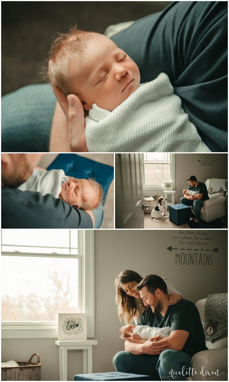 Newborn baby in father's arms using natural light in CranberryTownship near Pittsburgh