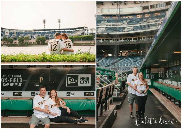 Mom and dad to be wearing Pittsburgh Pirates jerseys and holding ultrasound picture at PNC Park near Pittsburgh