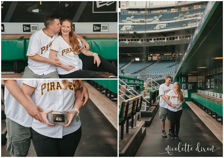 Mom and dad to be snuggling in the dugout of the Pittsburgh Pirates and holding ultrasound picture at PNC Park near Pittsburgh