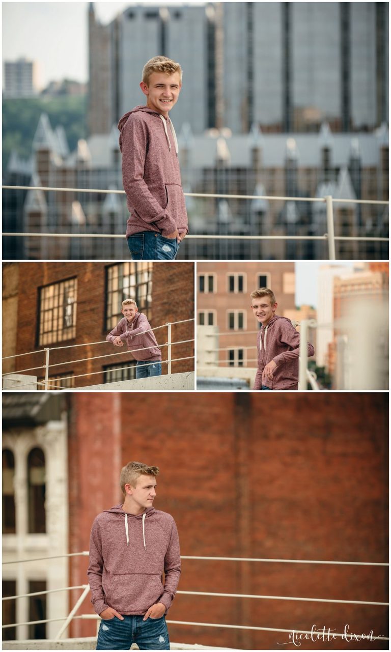 Senior boy posing in front of various buildings in downtown Pittsburgh, PA
