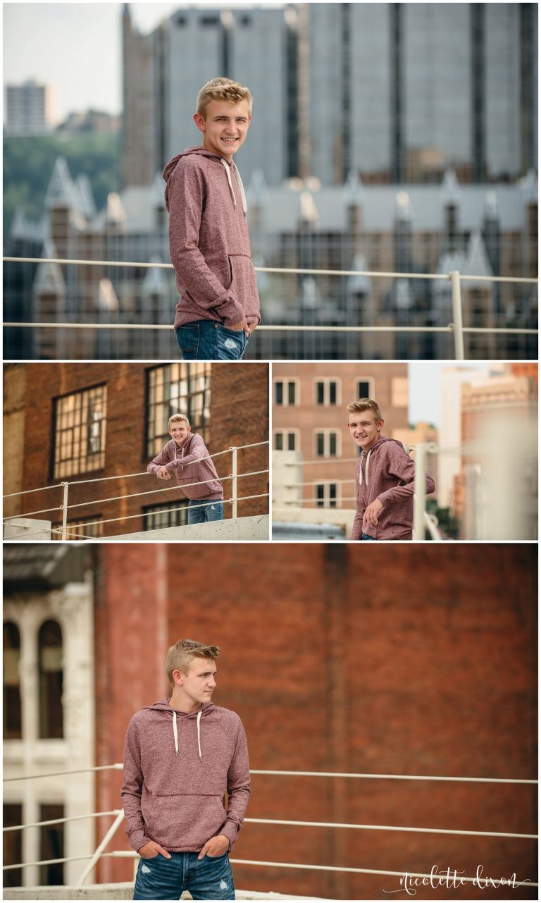 Senior boy posing in front of various buildings in downtown Pittsburgh, PA