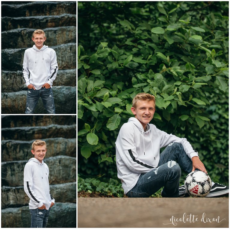 Teenage boy poses with soccer ball in white shirt and jeans near Pittsburgh, PA