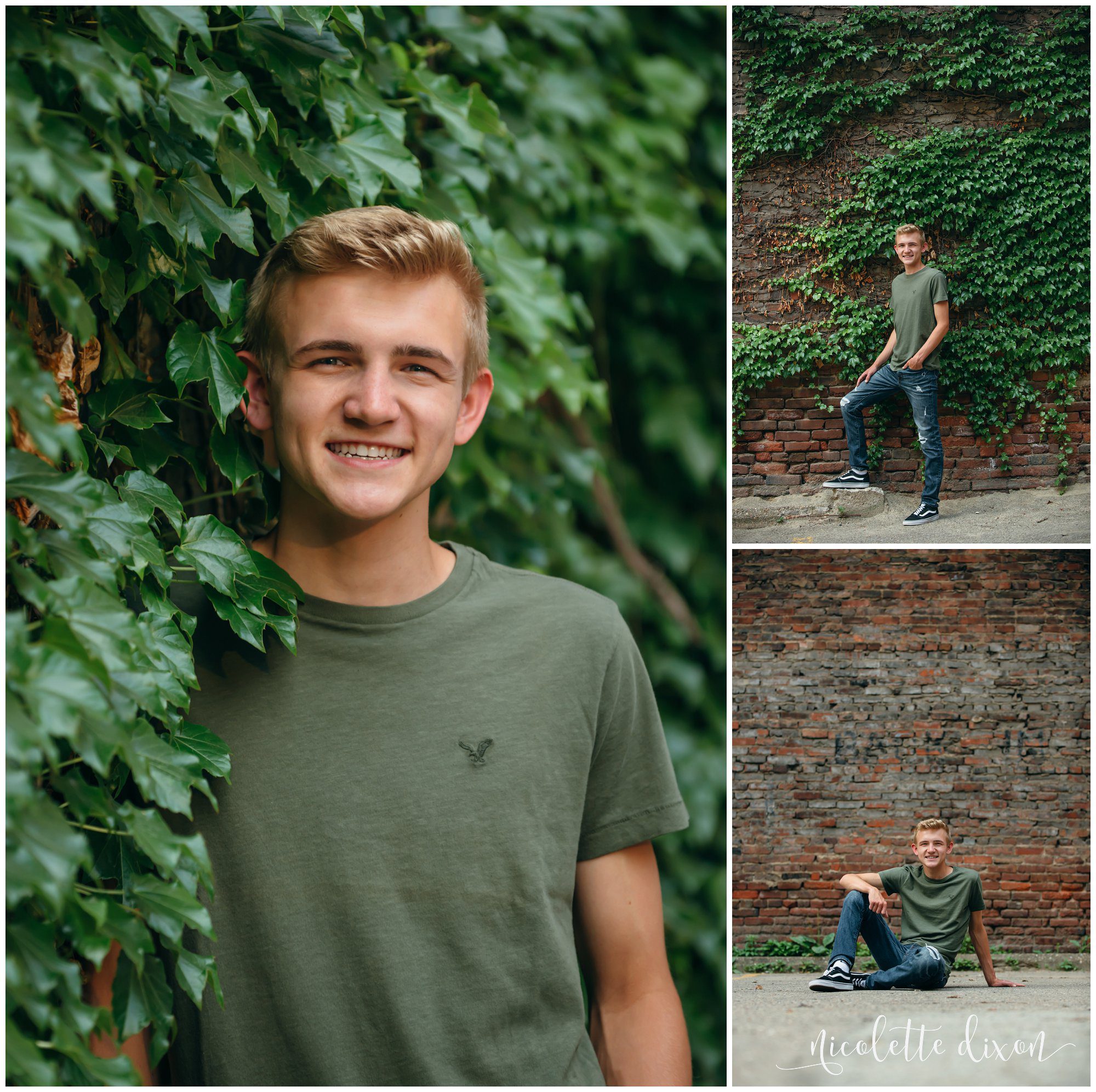 Teenage boy posing against brick walls and flora near downtown Pittsburgh, PA