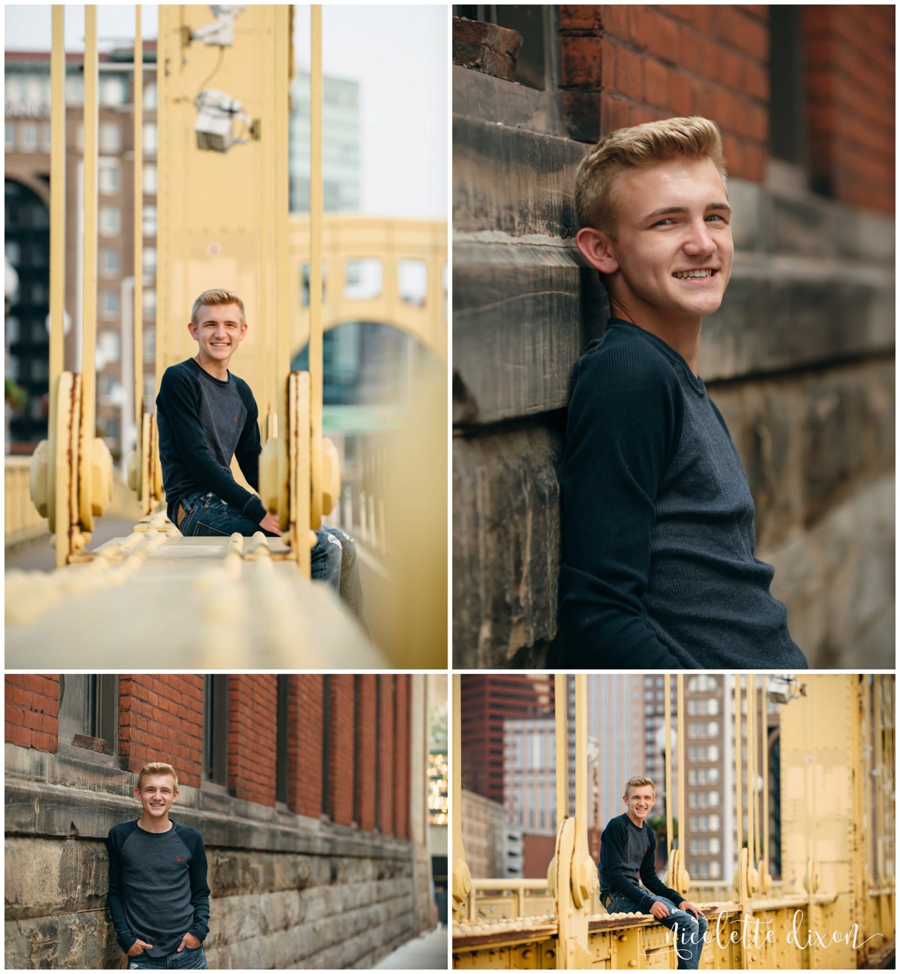 Highschool senior poses on bridges and buildings near downtown Pittsburgh, PA