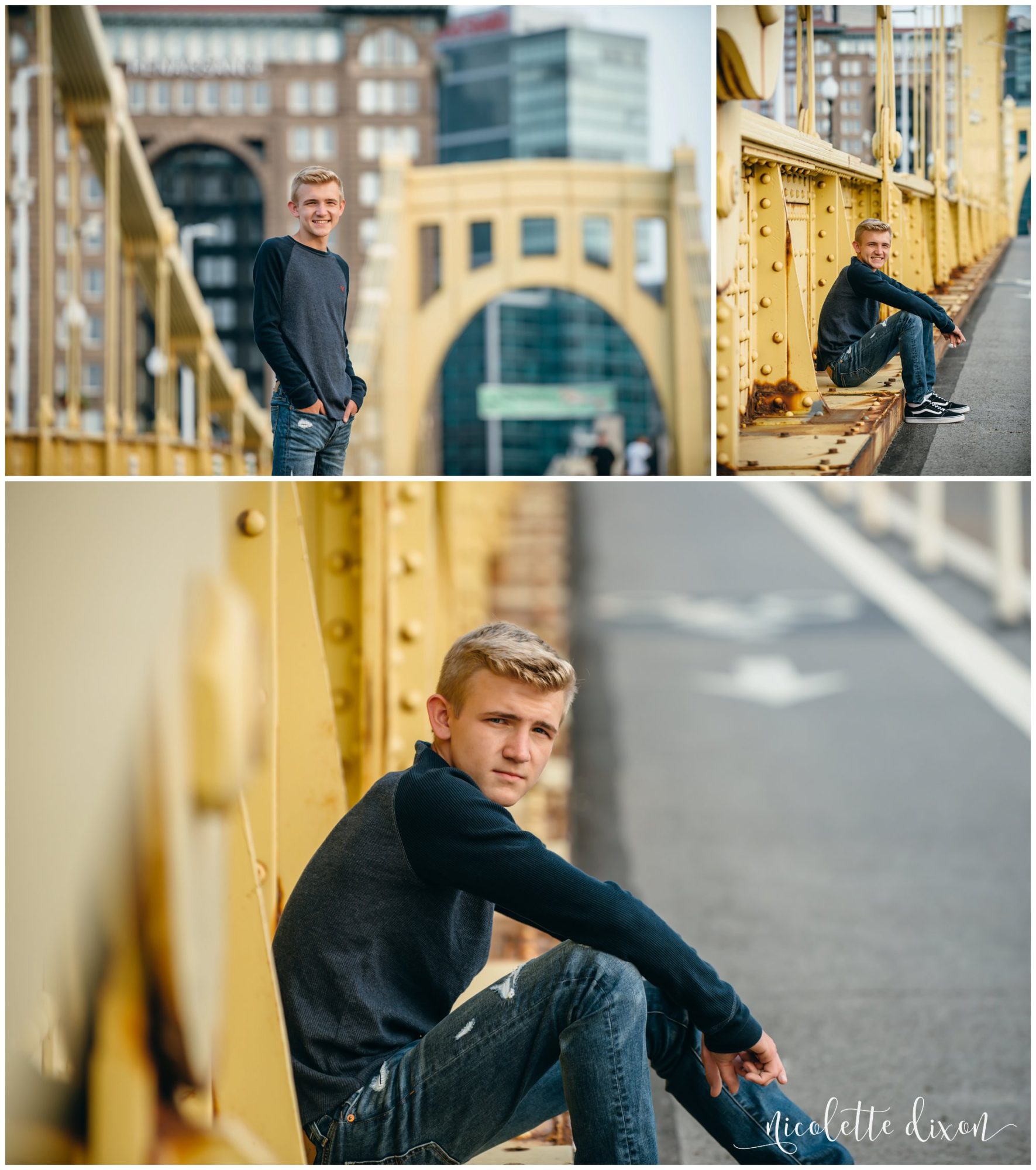 Teenage boy sits on bridge near downtown Pittsburgh, PA