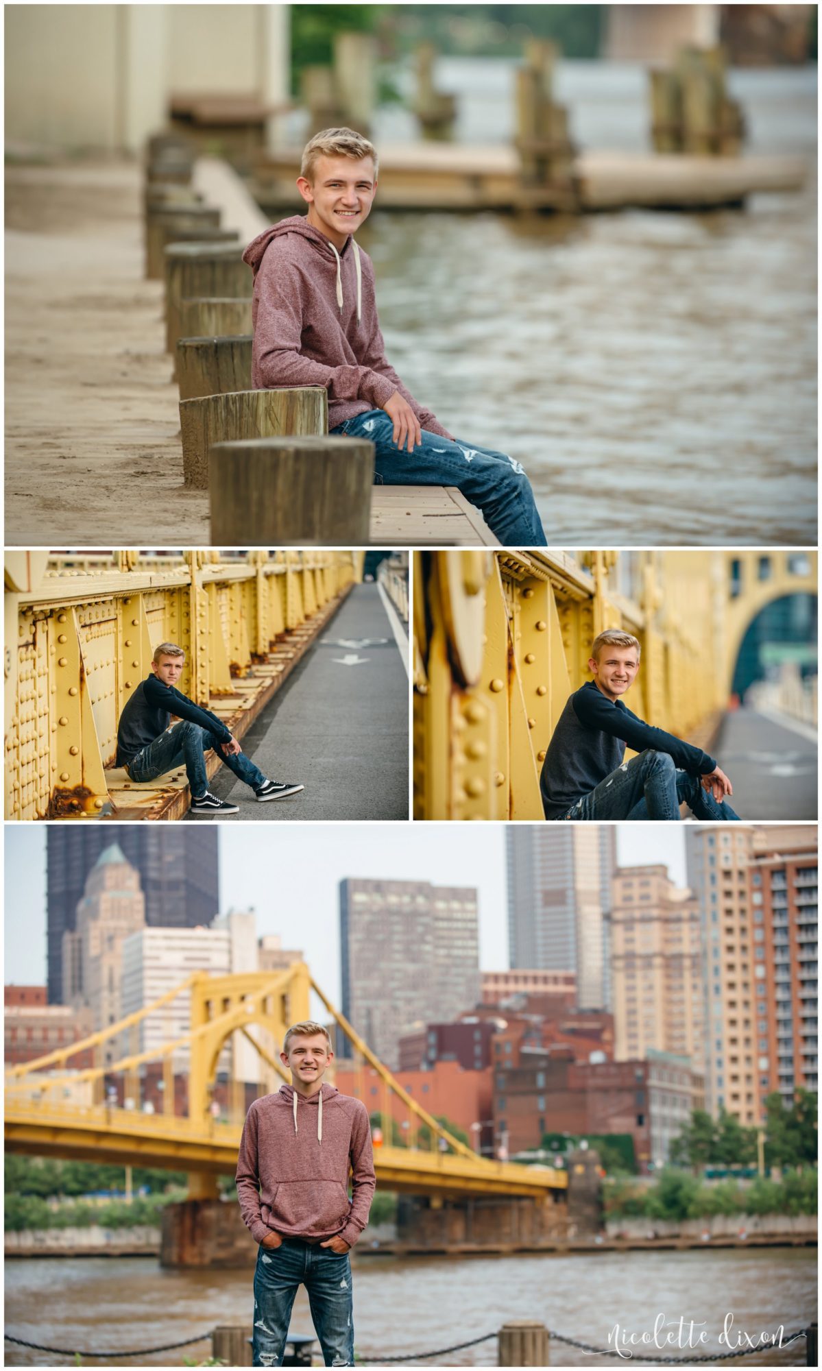 Senior poses against bridge near downtown Pittsburgh, PA