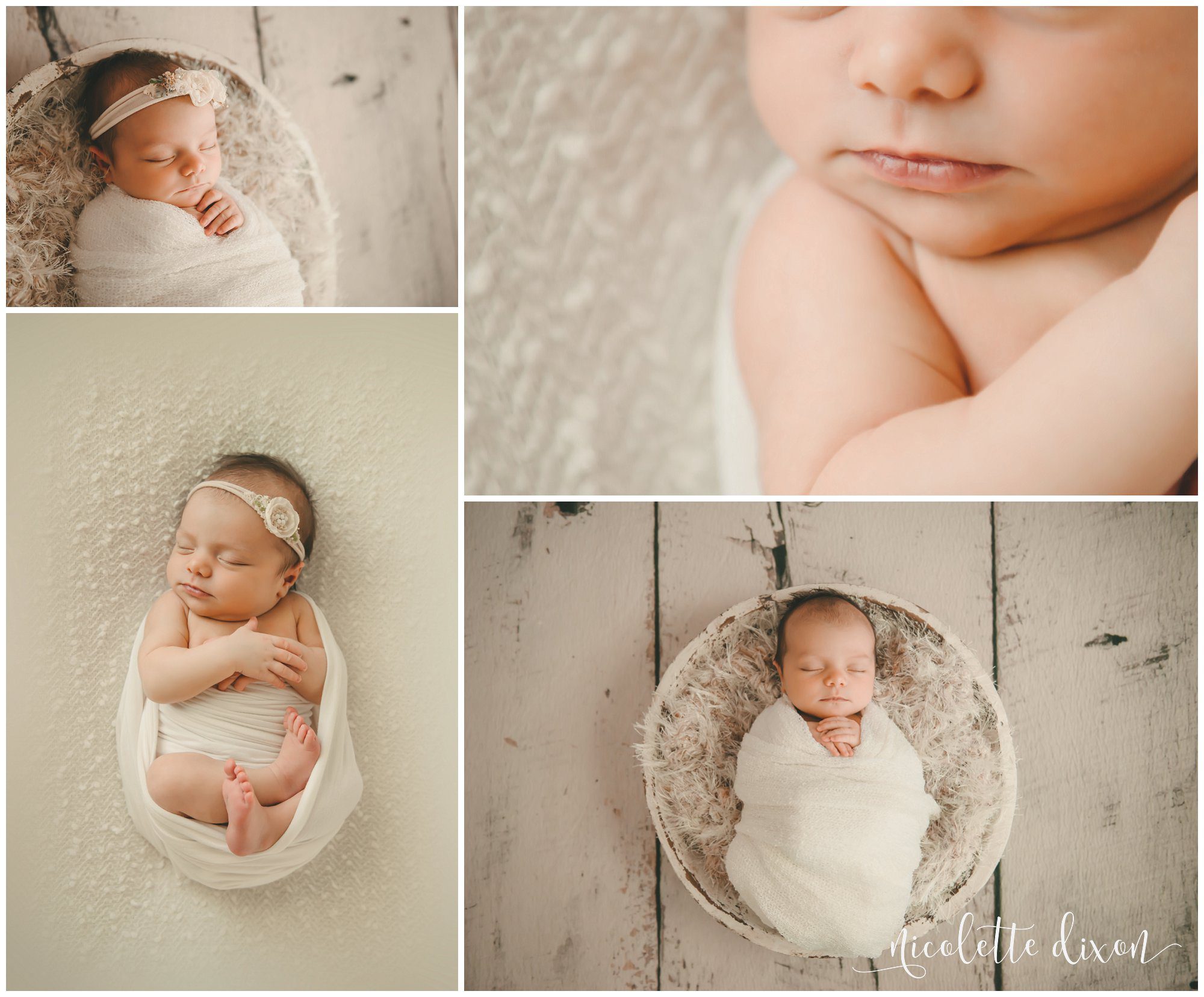 Newborn baby girl sleeping peacefully in basket and on blankets near Pittsburgh