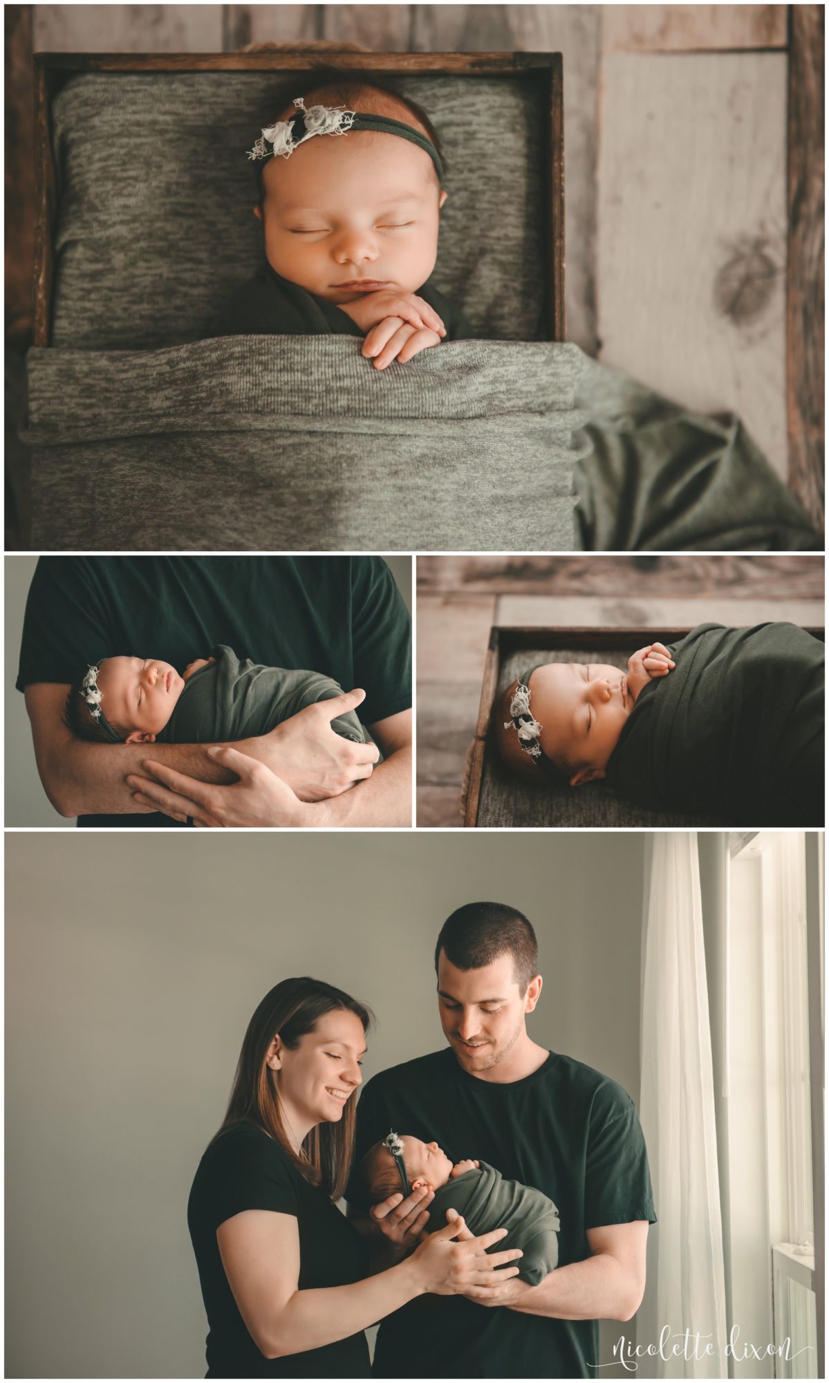 Newborn baby girl sleeping posed under blanket and in parents arms near Pittsburgh