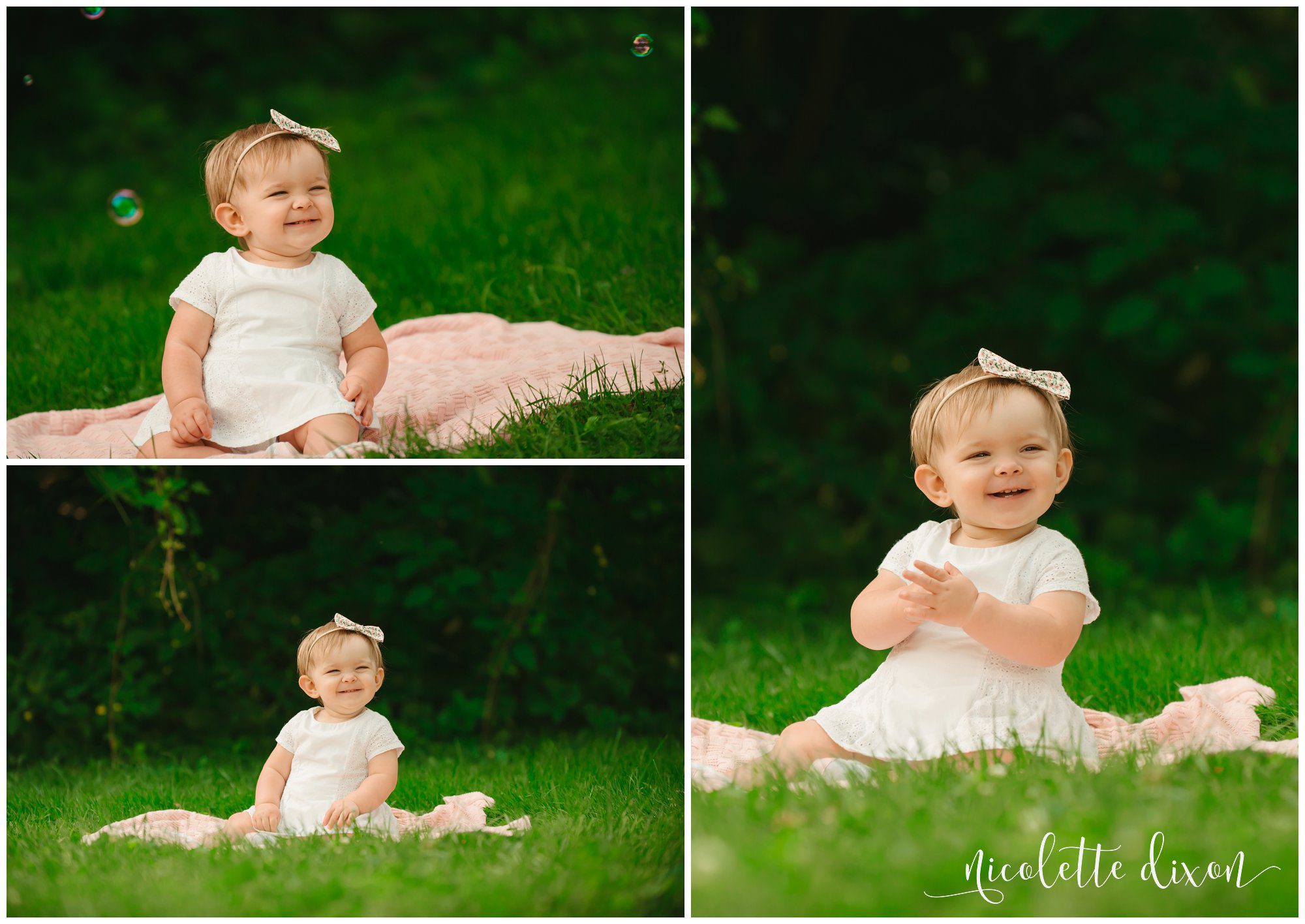 Toddler baby girl plays happily in the grass at Dormont Park near Pittsburgh