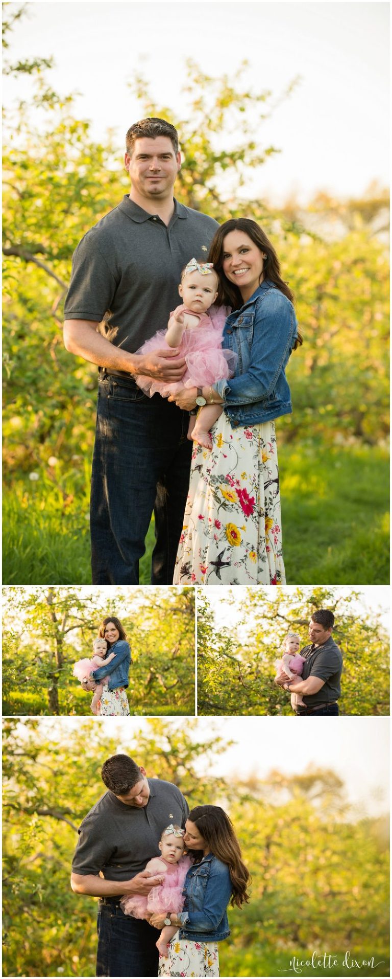 Mother and father snuggle baby girl in Soergel Orchards near Pittsburgh