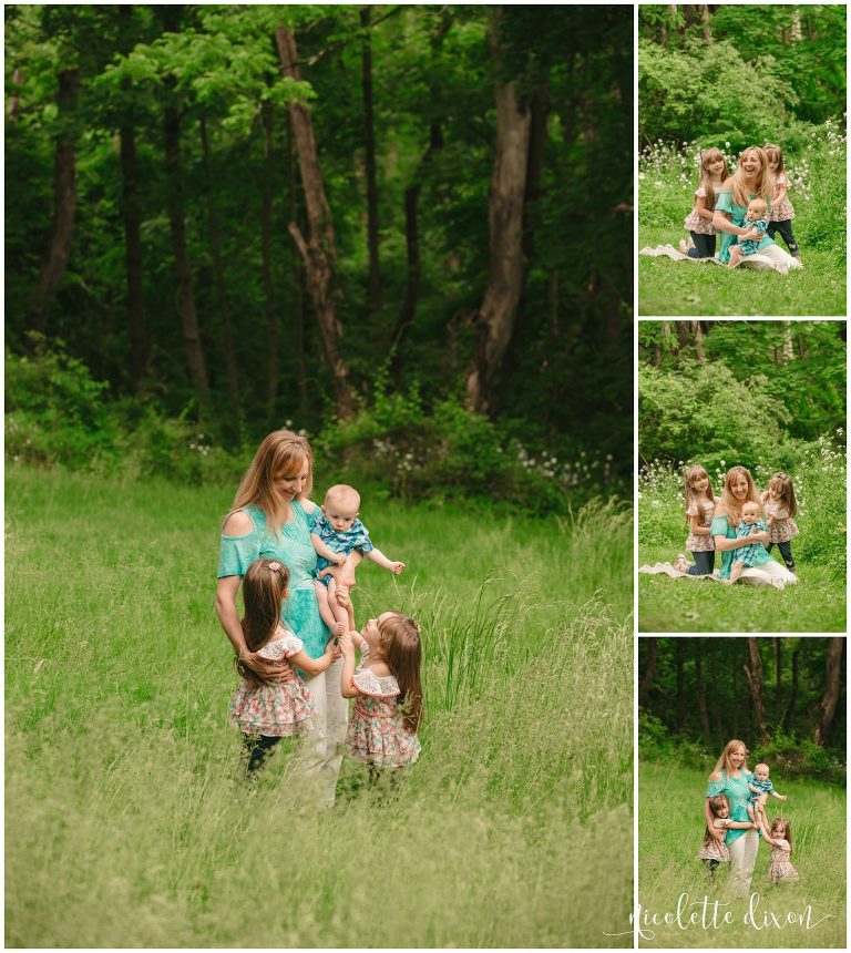 Mother and three children playing in a field in Robin Hill Park near Pittsburgh