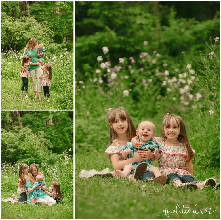 Mother and three children playing and posing in Robin Hill Park near Pittsburgh