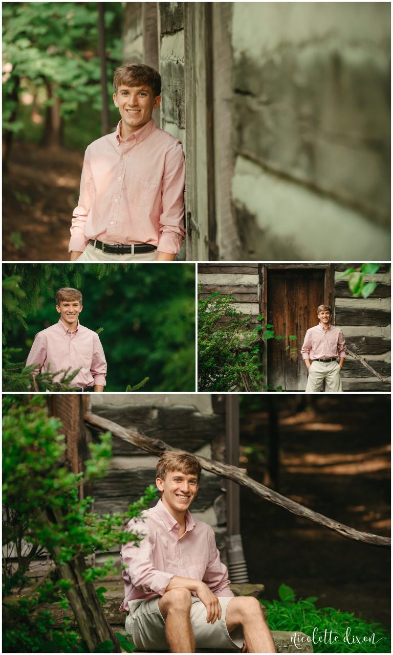 High school senior posing in front of cabin in Robin Hill Park near Pittsburgh