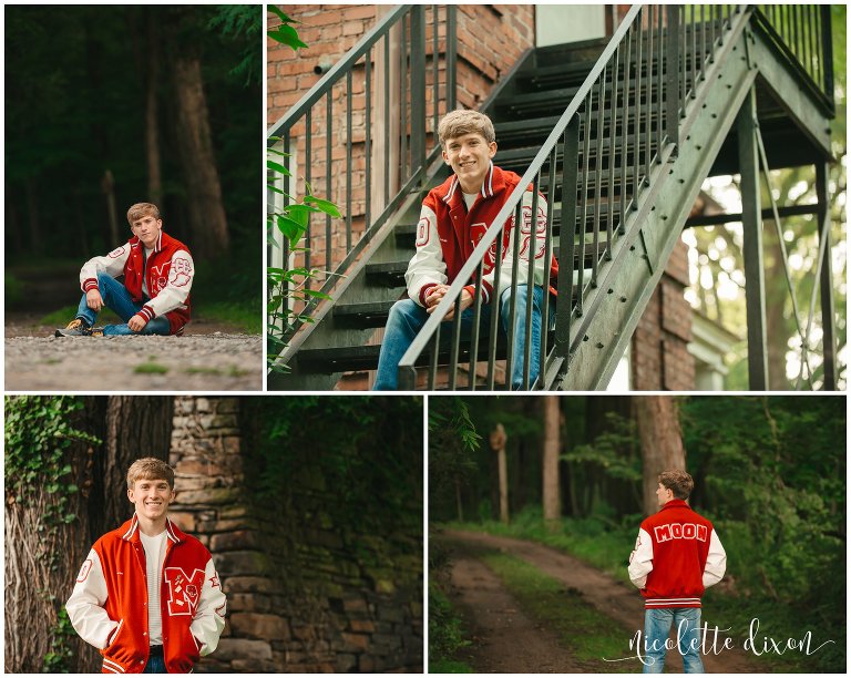 High school senior boy wearing letter jacket and posing in Robin HIll Park near Pittsburgh