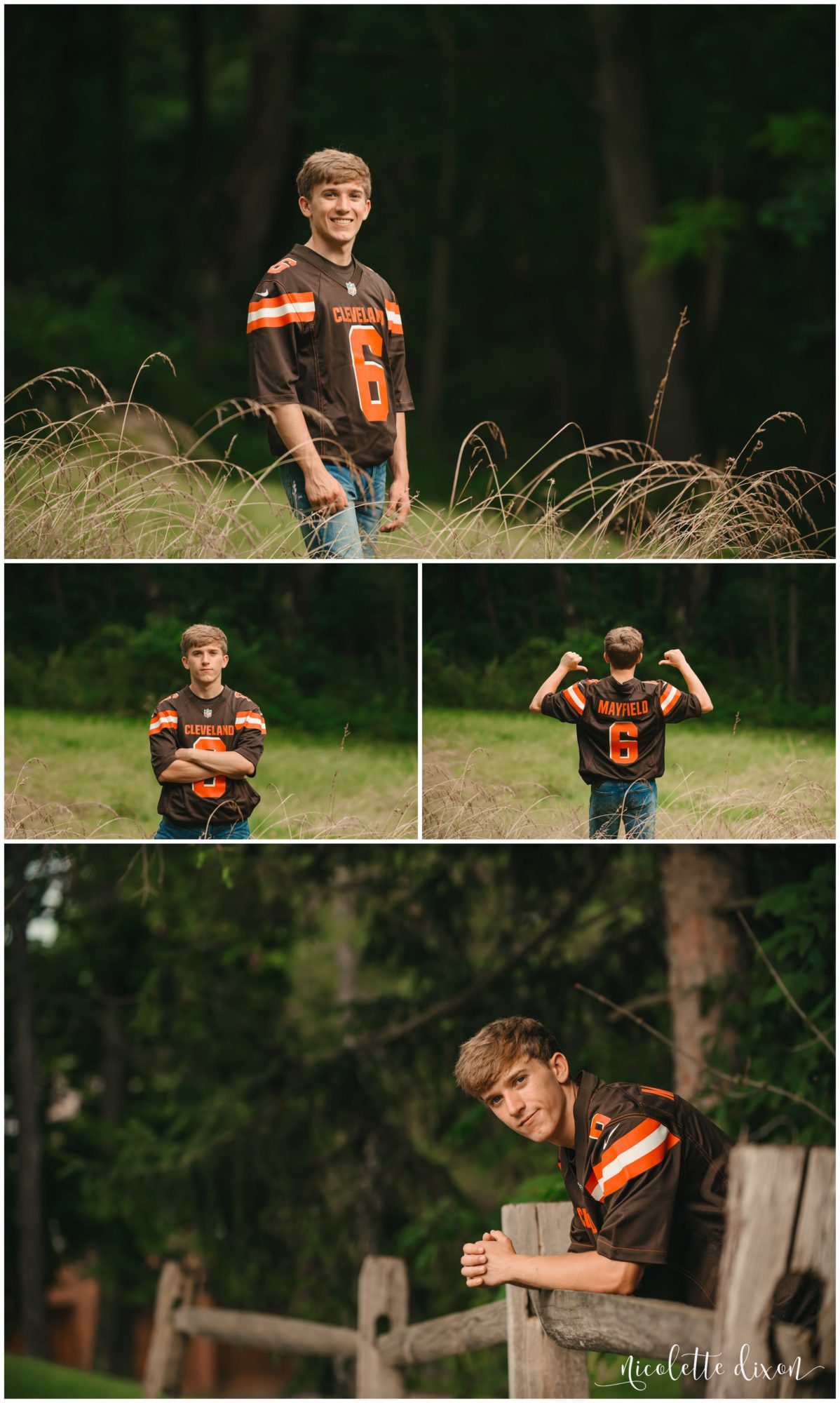 High school senior boy wearing Cleveland Browns jersey in Robin Hill Park near Pittsburgh