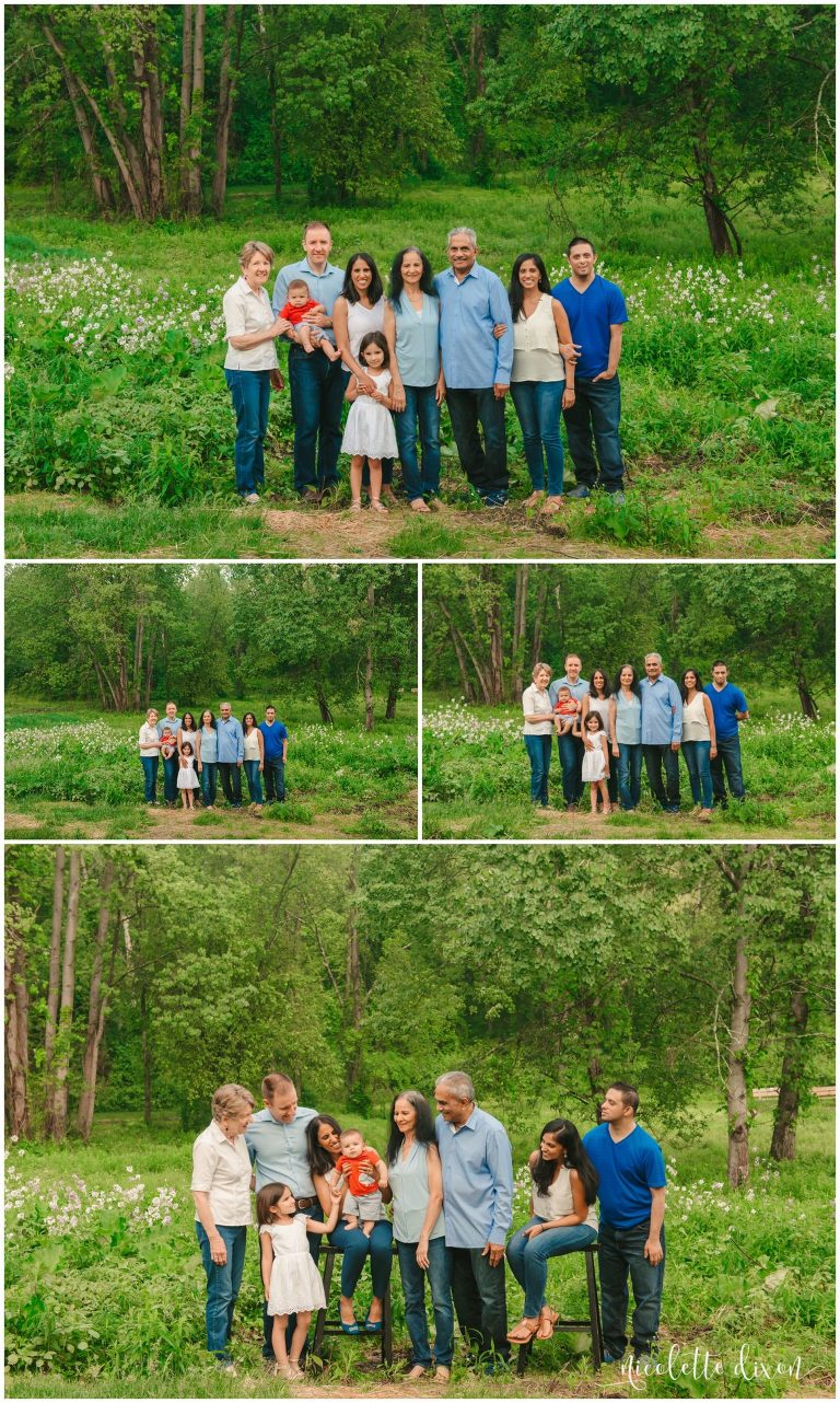 Extended family poses in field in Beechwood Farms near Pittsburgh