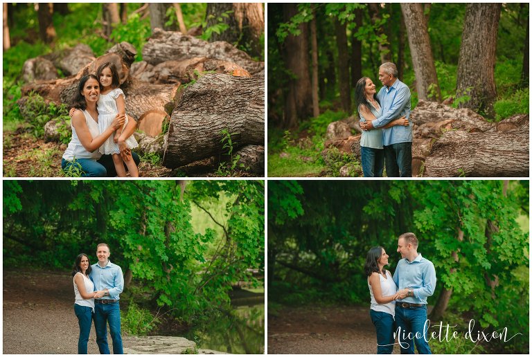 Couples and sisters pose in front of forest in Beechwood Farms near Pittsburgh