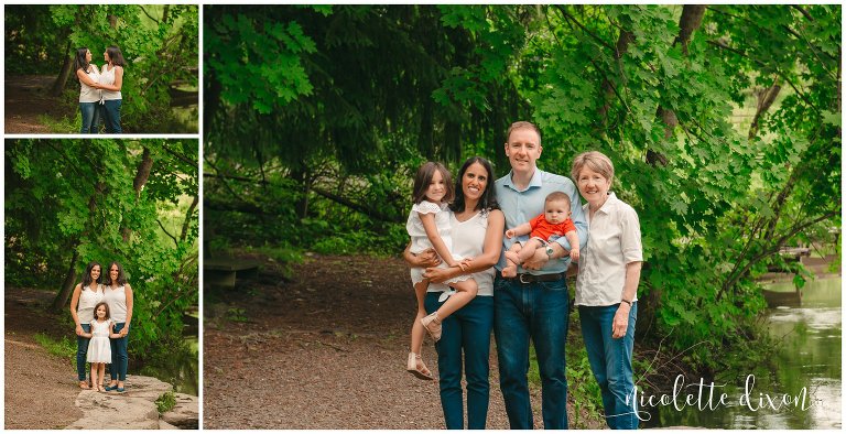 Extended family poses in front of forest in Beechwood Farms near Pittsburgh