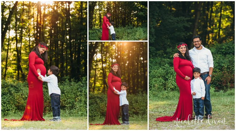 Pregnant mom poses with son and husband at Moraine State Park near Pittsburgh