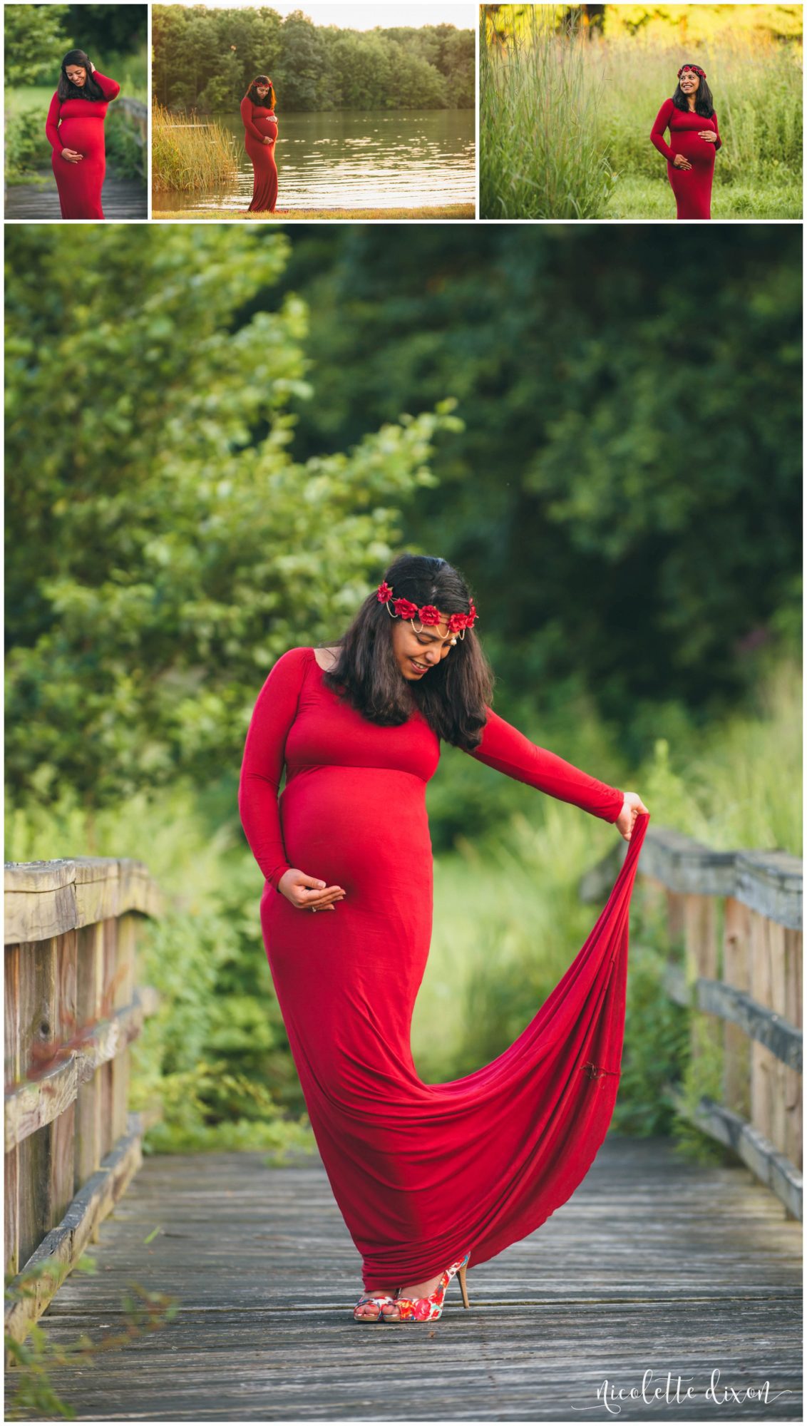 Pregnant woman poses on bridge in Moraine State Park near Pittsburgh