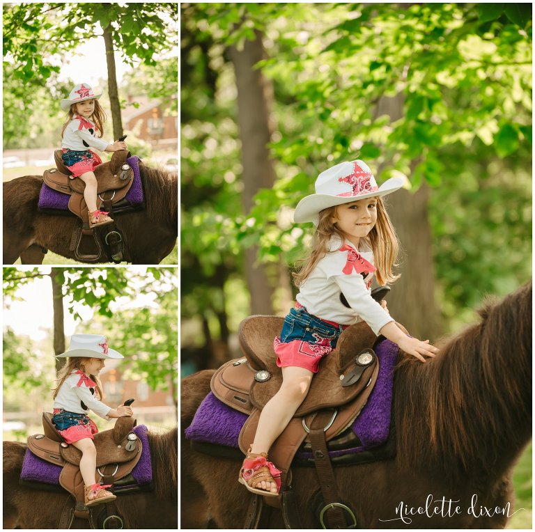 Young cowgirl poses on back of pony in Aliquippa near Pittsburgh