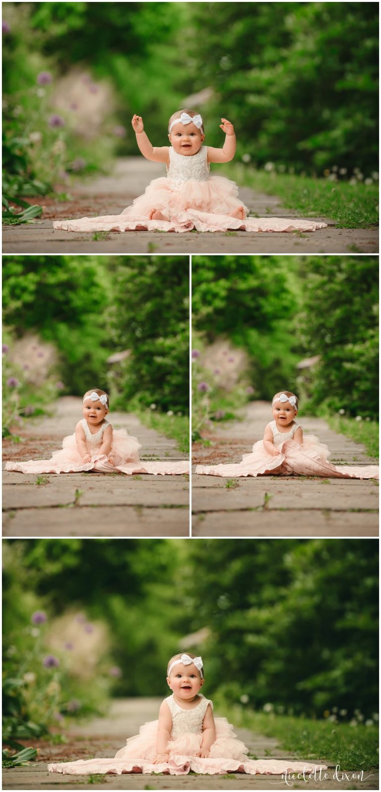 Infant girl poses in tutu on sidewalk in Mellon Park near Pittsburgh