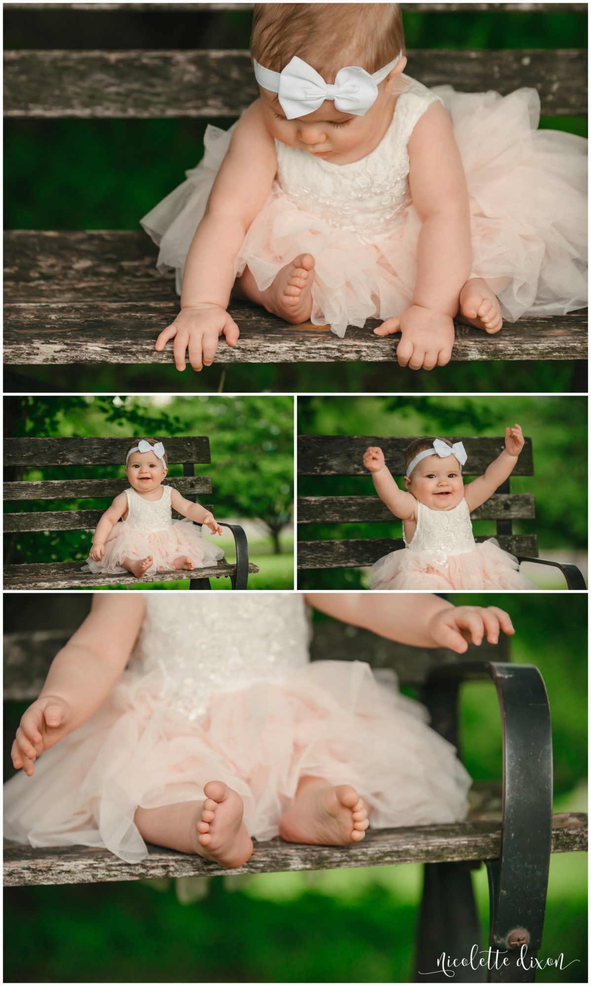 Infant girl sits on bench in Mellon Park near Pittsburgh