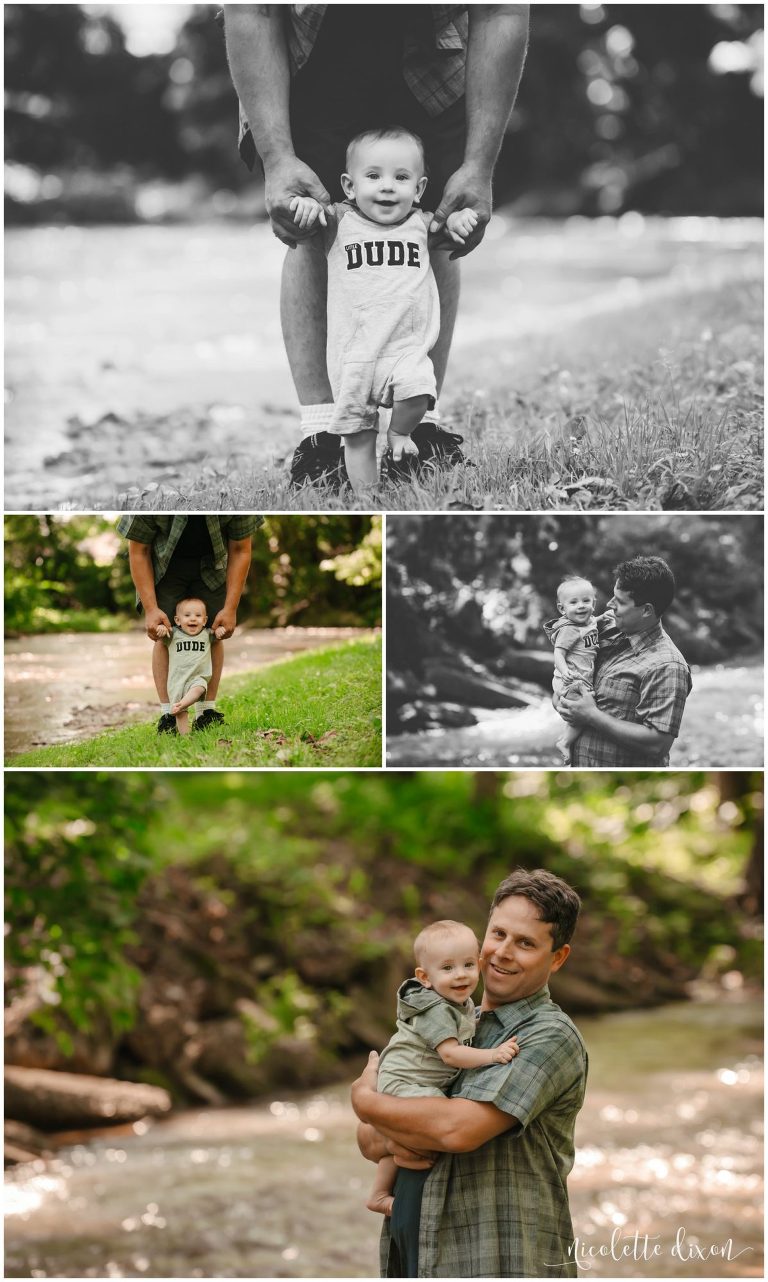 Father lovingly poses with infant son in Morrow-Pontefract Park in Edgeworth near Pittsburgh