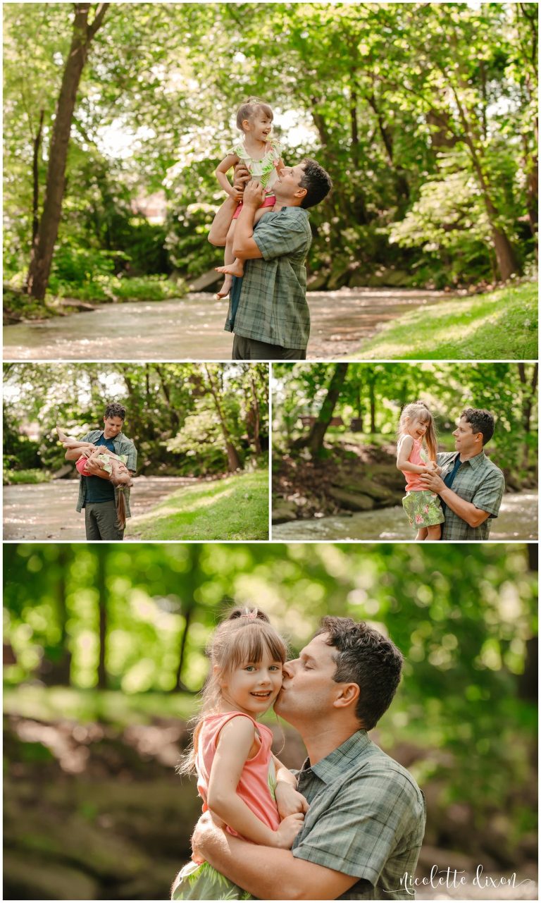 Father lovingly poses with two young daughters in Morrow-Pontefract Park in Edgeworth near Pittsburgh