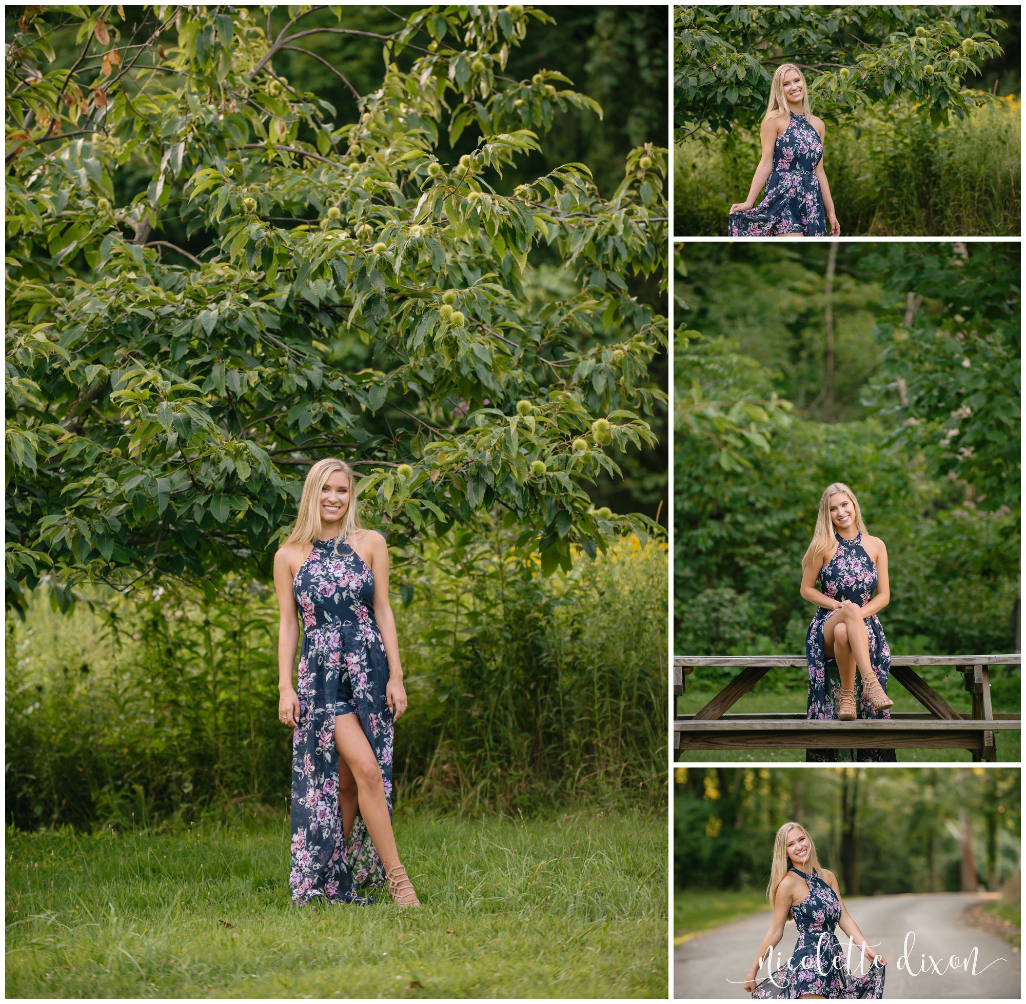 High school senior girl poses on picnic bench in Sewickley Heights Borough Park near Pittsburgh