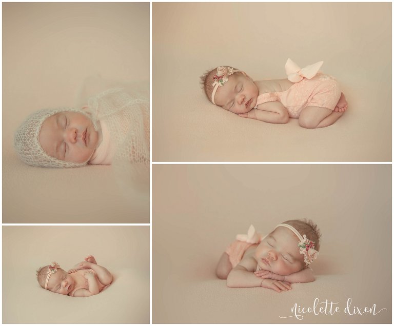 Newborn baby girl poses in wrap and headband at in home studio in Moon Township near Pittsburgh
