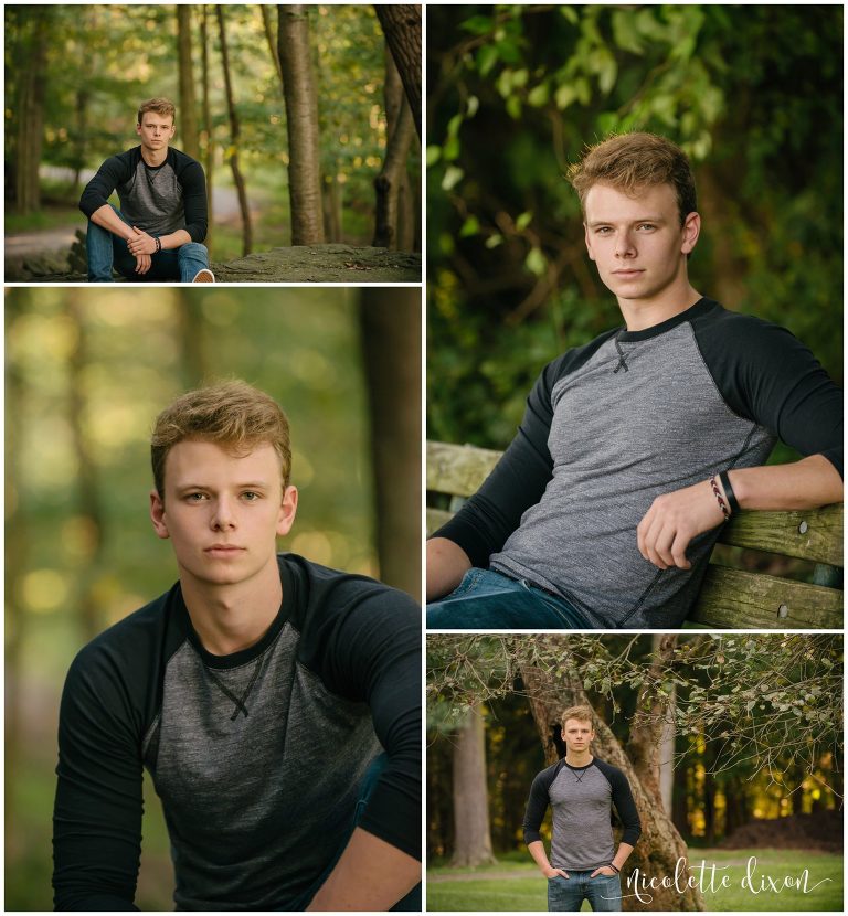 North Hills senior boy poses in front of trees at Hartwood Acres Mansion near Pittsburgh