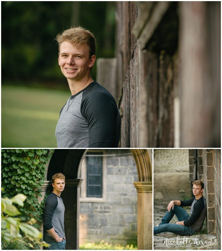 North Hills senior boy poses in front of columns and brick wall at Hartwood Acres Mansion near Pittsburgh